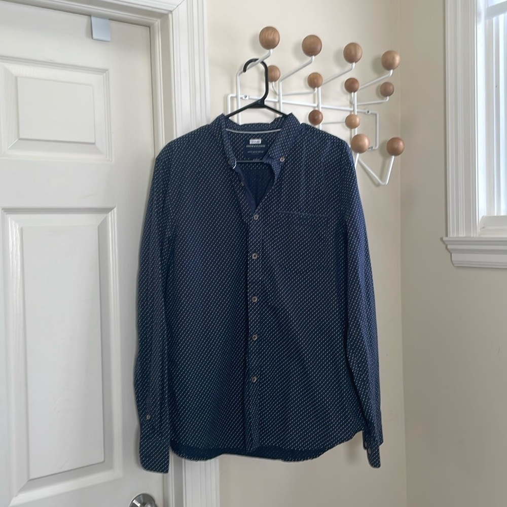 Denim & Flower - Slim Fit Classic Casual Button Down - Navy Blue - XL
